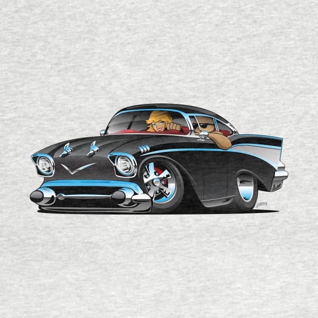 Classic hot rod fifties muscle car with cool couple cartoon by hobrath